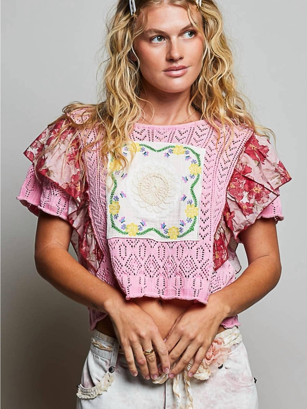 POL Pink Crochet Floral Ruffle Crop Top